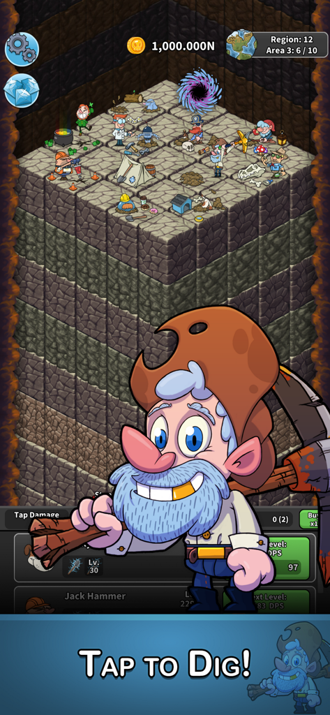 地下の放置ゲームで、青い髭の採掘者とピッケル、そして様々な採掘ヘルパーたちに囲まれている様子