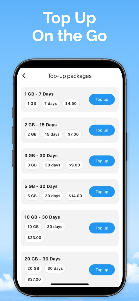 Simly eSIM: Travel & Connect - Interface of the Simly app showing various travel eSIM data top-up packages and prices.