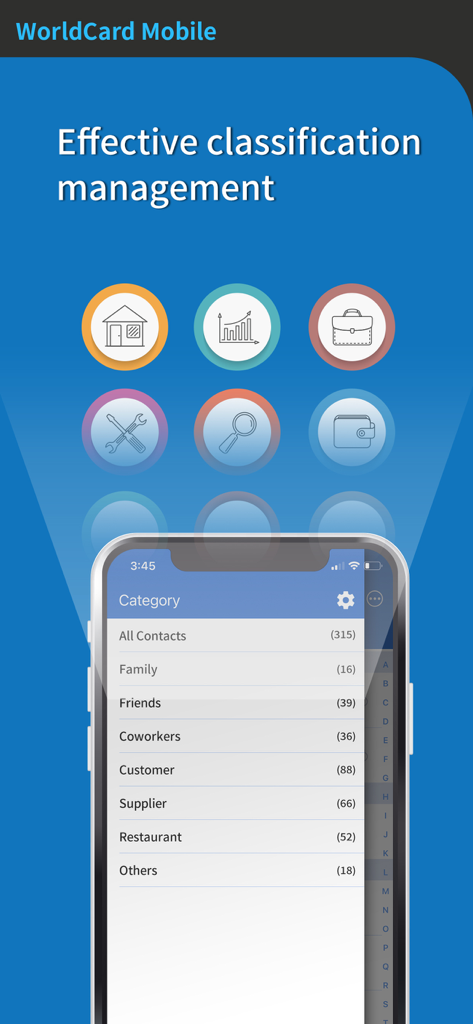 WorldCard Mobile interface showing contact organization by categories like customers and coworkers