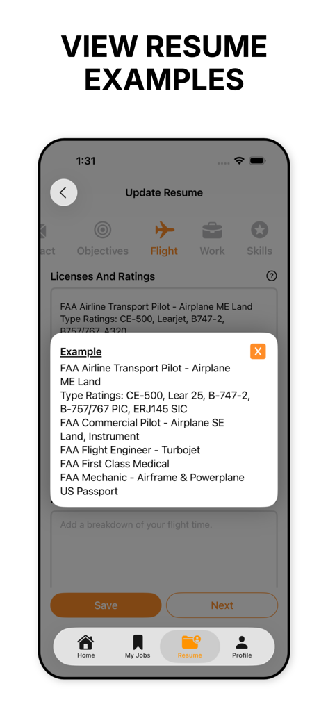 climbto350: aviation job board - Mobile app interface displaying an example of pilot licenses and ratings for an aviation resume.