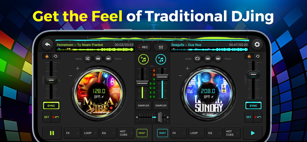 Rythmix DJ app interface featuring dual virtual turntables and professional mixing controls.
