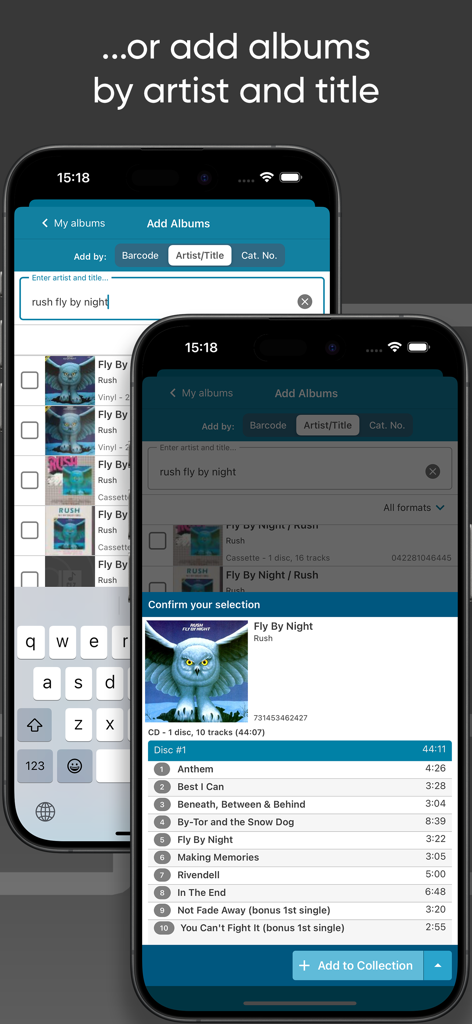 CLZ Music app screens demonstrating the search by artist and title feature to add albums to a collection