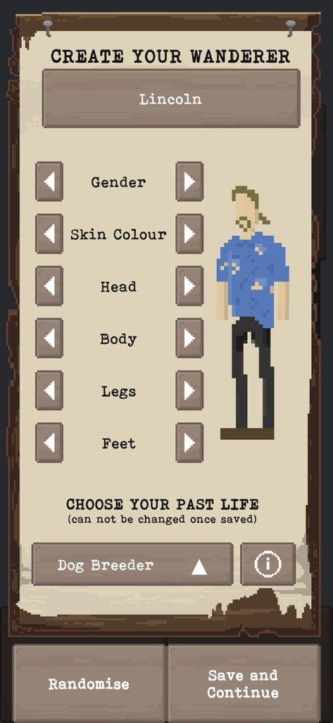The Wanderer: Post-Nuclear RPG - Character customization screen in The Wanderer showing pixel art style and survivor profession options