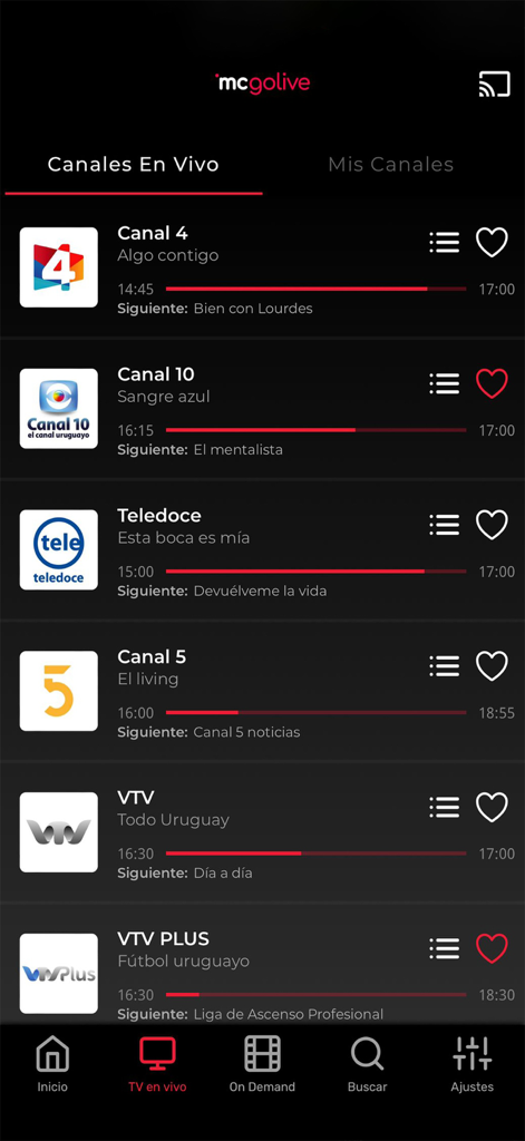 Interfaz de la aplicación MC GO LIVE mostrando una lista de canales de TV uruguayos en vivo, incluyendo Canal 4 y Canal 10