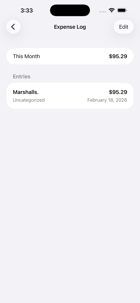 Mobile app interface showing an expense log with a monthly summary and individual receipt entries