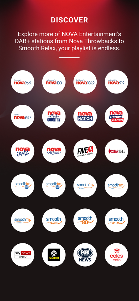 Nova Player: Radio & Podcasts - Nova Player App Discovery-Bildschirm mit verschiedenen Symbolen für australische Radio- und Nachrichtenstationen