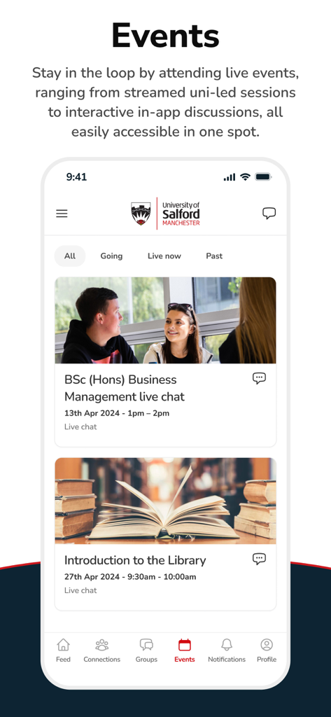 SalfordUni CampusConnect - Events screen in the SalfordUni CampusConnect app featuring live sessions for prospective students.
