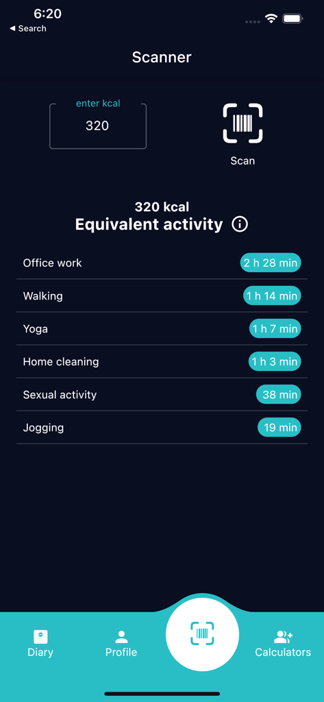 Ideal Weight & BMI Calculator - Calorie scanner showing activities like home cleaning to burn 320 kcal