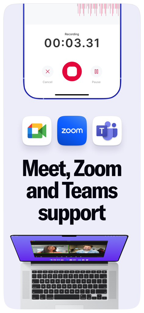 Interfaz de la aplicación Wave AI mostrando la integración con Google Meet, Zoom y Microsoft Teams para notas de reunión automatizadas