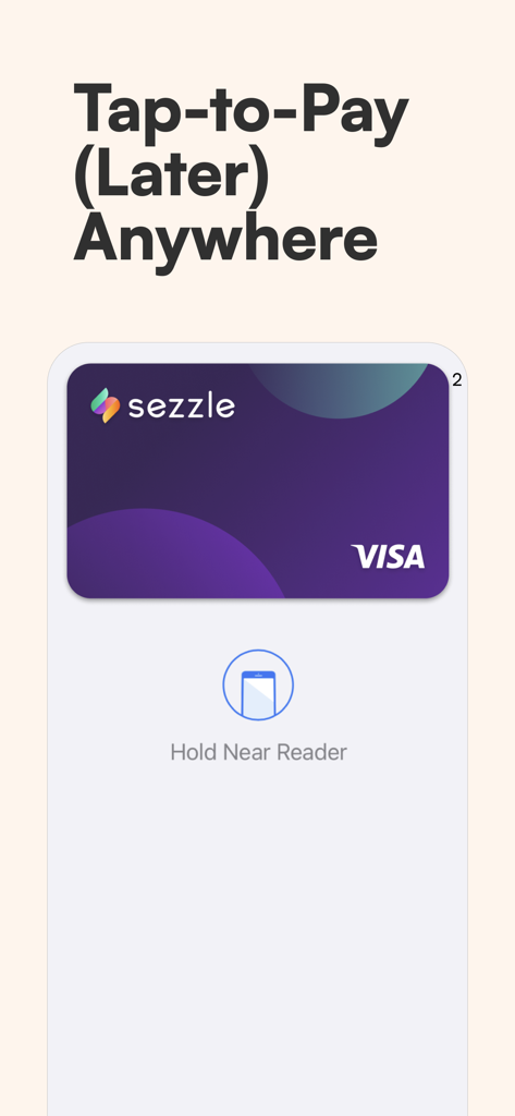 Sezzle app screen showing tap to pay later feature with a virtual Visa card for contactless payments