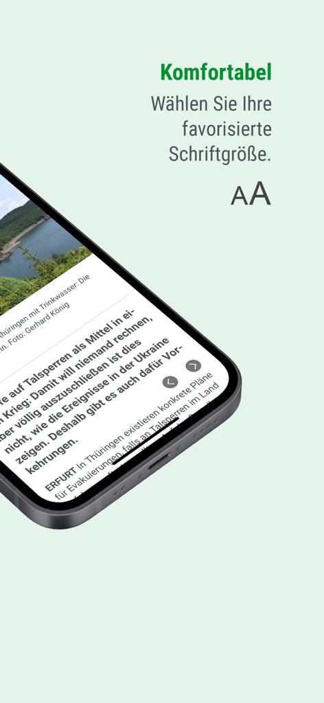 inSüdthüringen.de E-Paper - Smartphone screen of the inSüdthüringen news app showing the adjustable font size feature for enhanced reading comfort