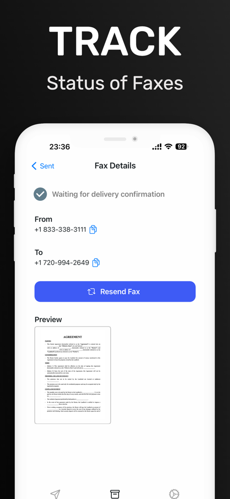 iPhone screen showing real time fax delivery status tracking with document preview and resend option