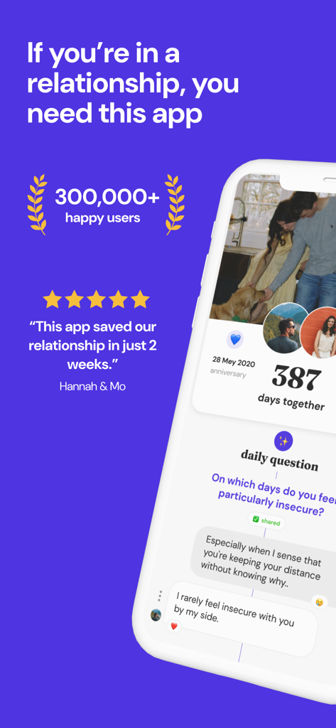 recoupling: relationship, love - Interface do aplicativo recoupling mostrando uma pergunta de conversa diária para casais e um depoimento de usuário de cinco estrelas em fundo roxo.