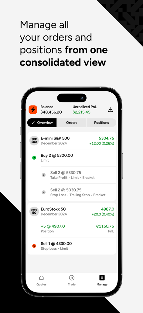 NinjaTrader | Trade Futures - Vue consolidée des ordres et des positions sur contrats à terme dans l'application mobile NinjaTrader