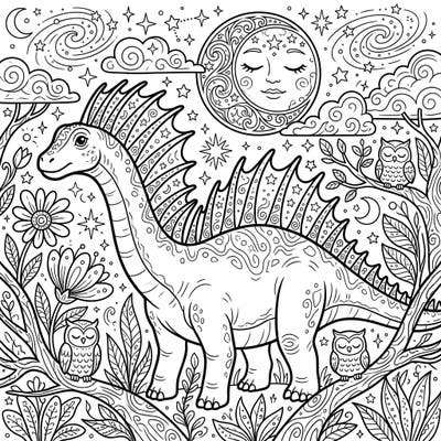 Embark on a prehistoric journey under a starry night sky with this captivating Amargasaurus coloring page. This intricate illustration combines the wonder of dinosaurs with a serene, magical nocturnal scene, perfect for creative minds.