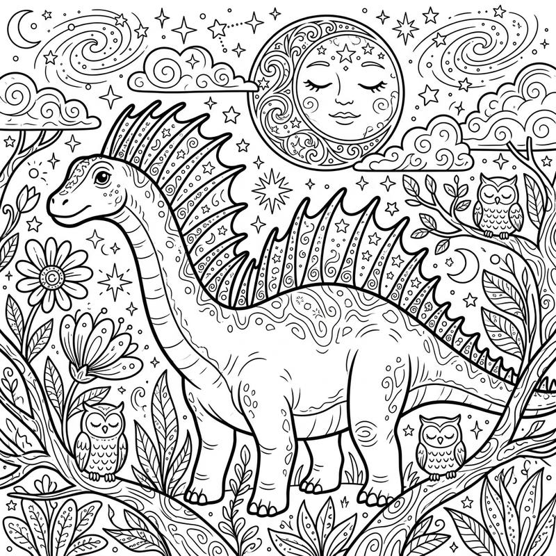 Embark on a prehistoric journey under a starry night sky with this captivating Amargasaurus coloring page. This intricate illustration combines the wonder of dinosaurs with a serene, magical nocturnal scene, perfect for creative minds.