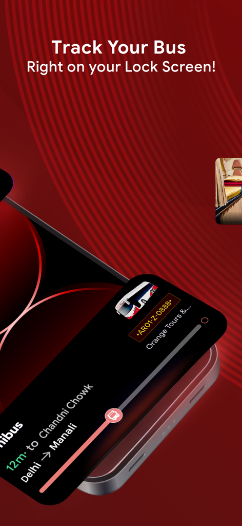 AbhiBus Bus Ticket Booking App - AbhiBus live bus tracking notification on smartphone lock screen showing a trip from Delhi to Manali.