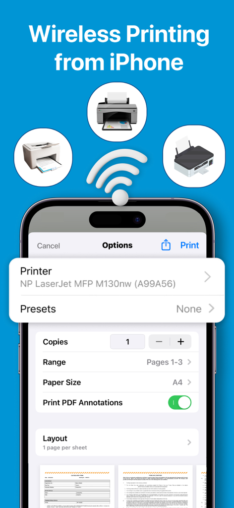 Air Print: Smart Printer App • - Smart PrinterアプリのiPhoneでのワイヤレス印刷設定画面。