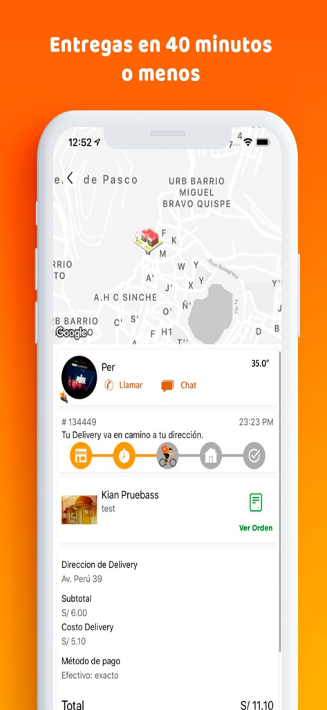 Llamafood app interface displaying real-time delivery tracking on a map.