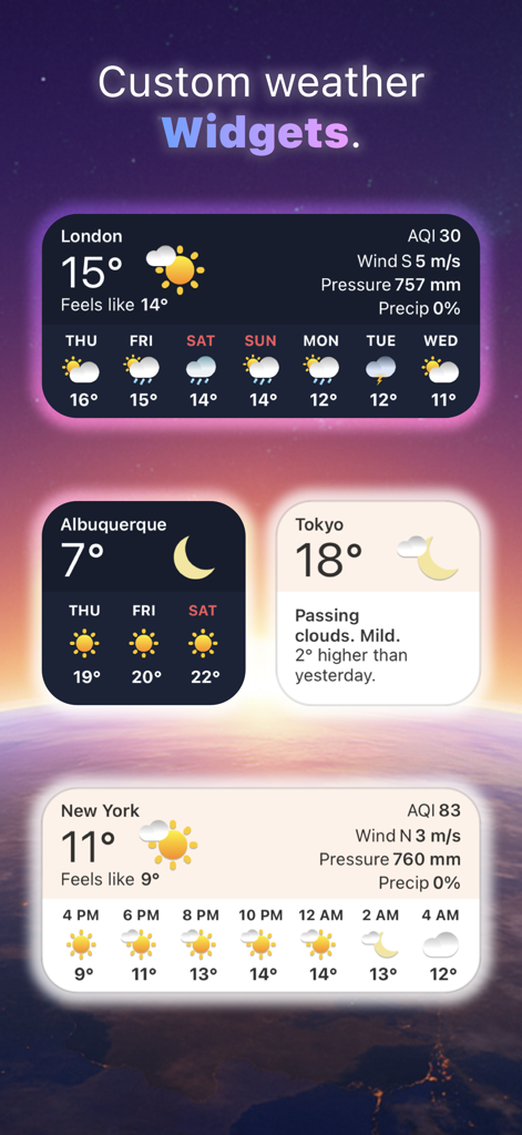 WeatherNOW: Forecast Radar Map - A variety of customizable light and dark weather widgets for iOS showing forecasts for multiple cities
