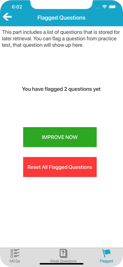 Interface of the USMLE 1 Practice Questions app showing the flagged questions review section with options to improve or reset.