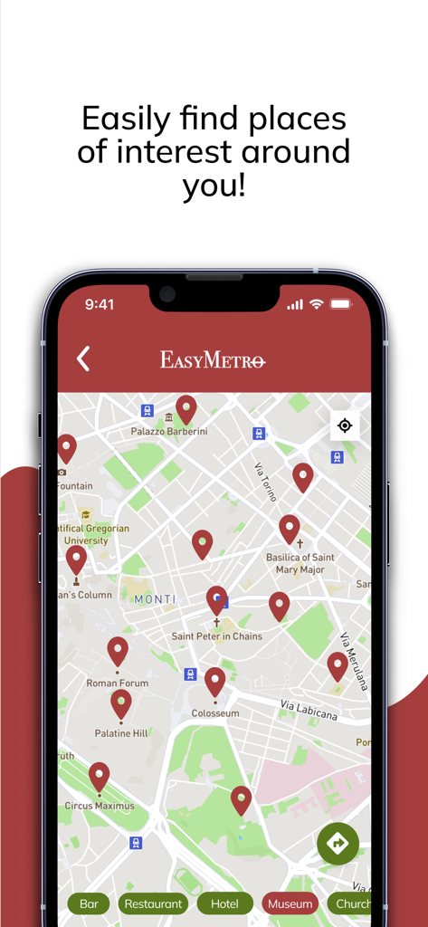 EasyMetro Italy - EasyMetro Italy app screen displaying a map of Rome with markers for tourist attractions like the Colosseum and Palatine Hill