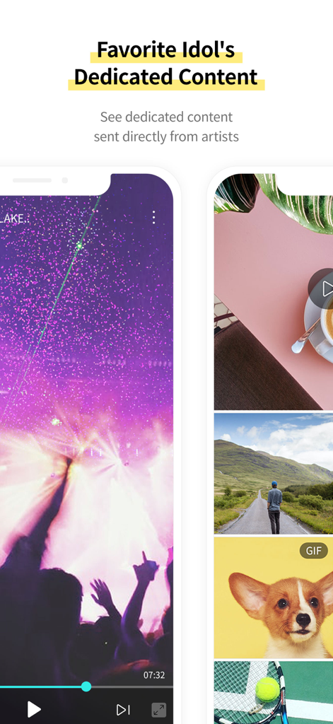 A mobile interface showing exclusive video and photo content from artists on the bubble app.