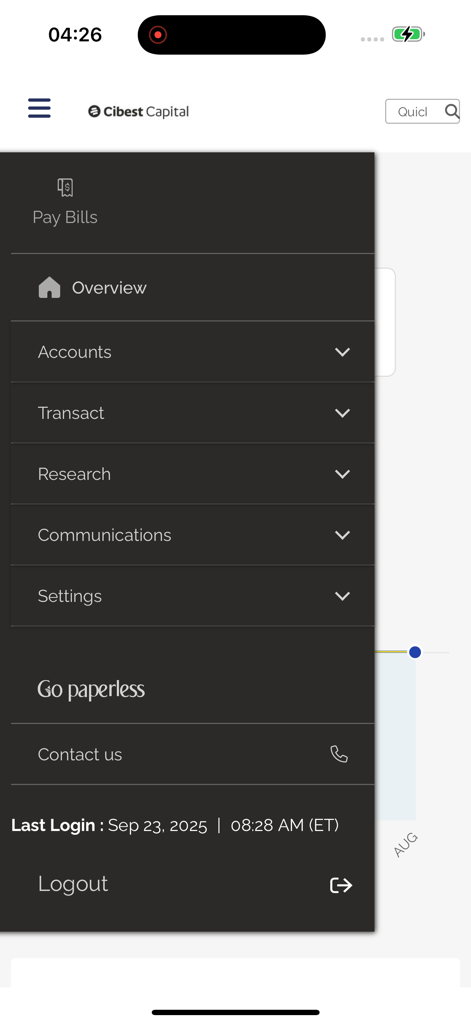 Cibest Capital US mobile app navigation menu showing account overview transact research and settings options