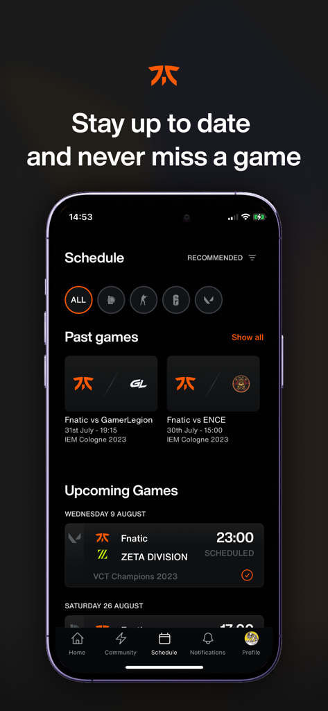 Pantalla de horarios de la aplicación Fnatic con partidos de esports pasados y próximos