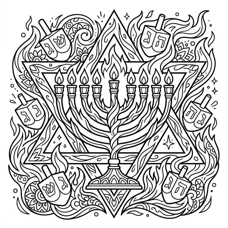Ignite your creativity with this magnificent Hanukkah coloring page, featuring a beautifully designed menorah surrounded by dynamic flames and traditional dreidels. Immerse yourself in the festive spirit and add your personal touch to this symbolic celebration.