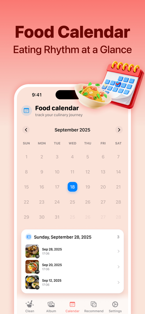 EatLog Album-Storage Cleaner - Calendario de comidas de la aplicación EatLog que muestra el seguimiento mensual de comidas y el historial de fotos