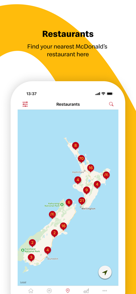 McDonald's app restaurant finder interface showing locations on a map