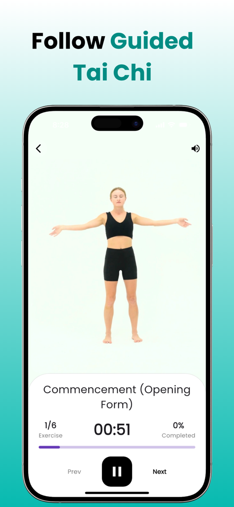 Tai Chi Walking : GentleFit - Smartphone screen displaying a guided Tai Chi video lesson for seniors on the GentleFit app