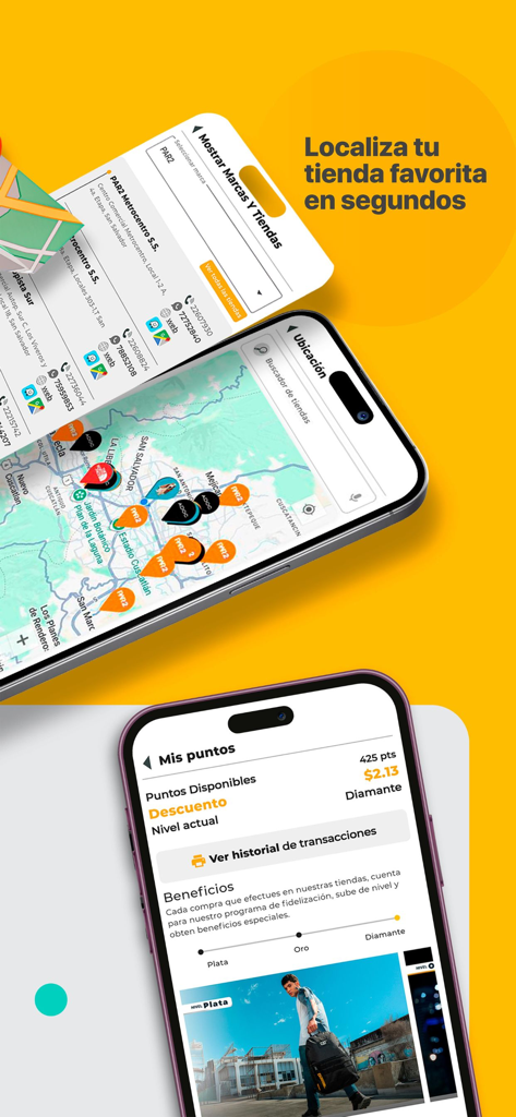 Puntos ADOC - Screenshots of the Puntos ADOC mobile app featuring a store locator map and loyalty points dashboard with membership levels