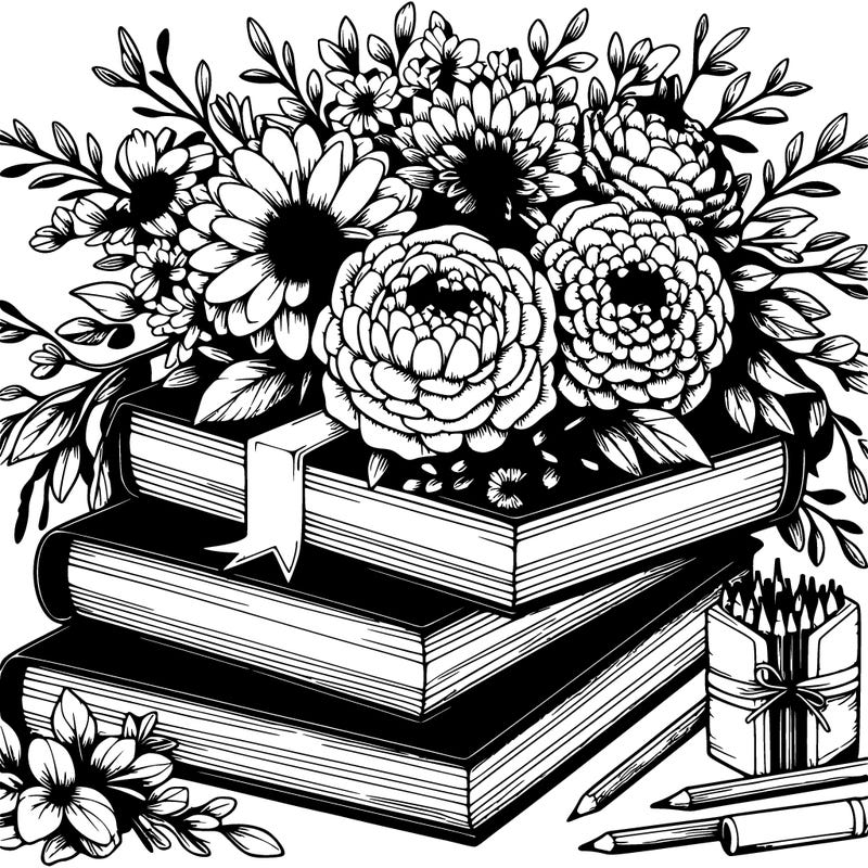 rustic books and beautiful flowers realistic