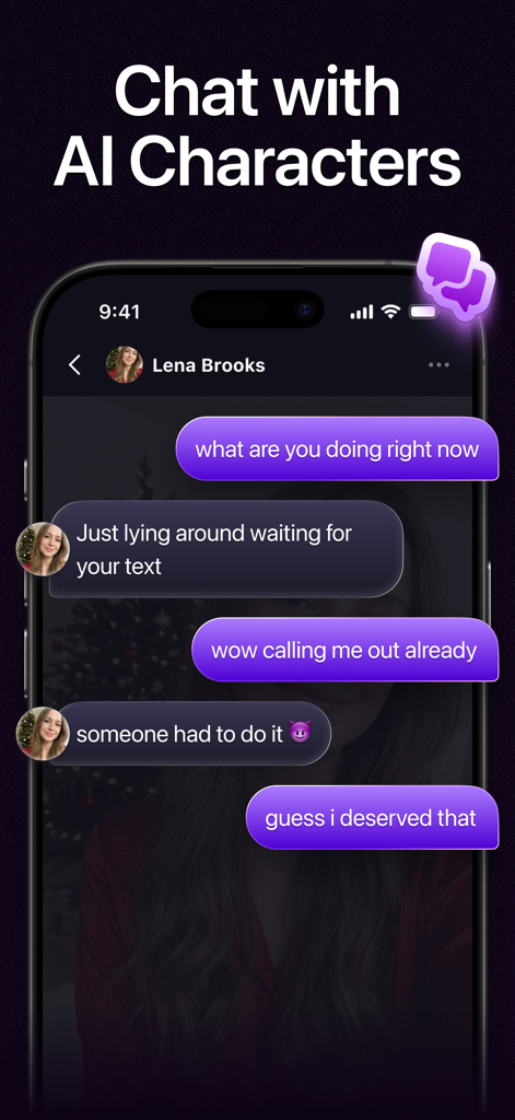 Interface of the Fomo app showing a chat conversation between a user and an AI character named Lena Brooks