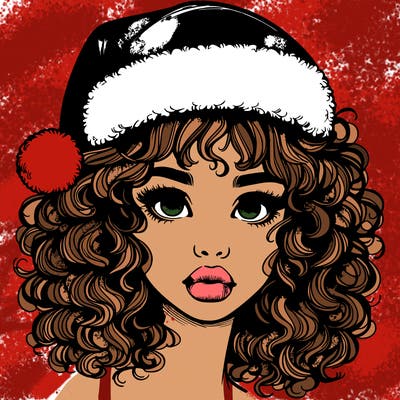 realistic girl with a santa hat curly hair and lips