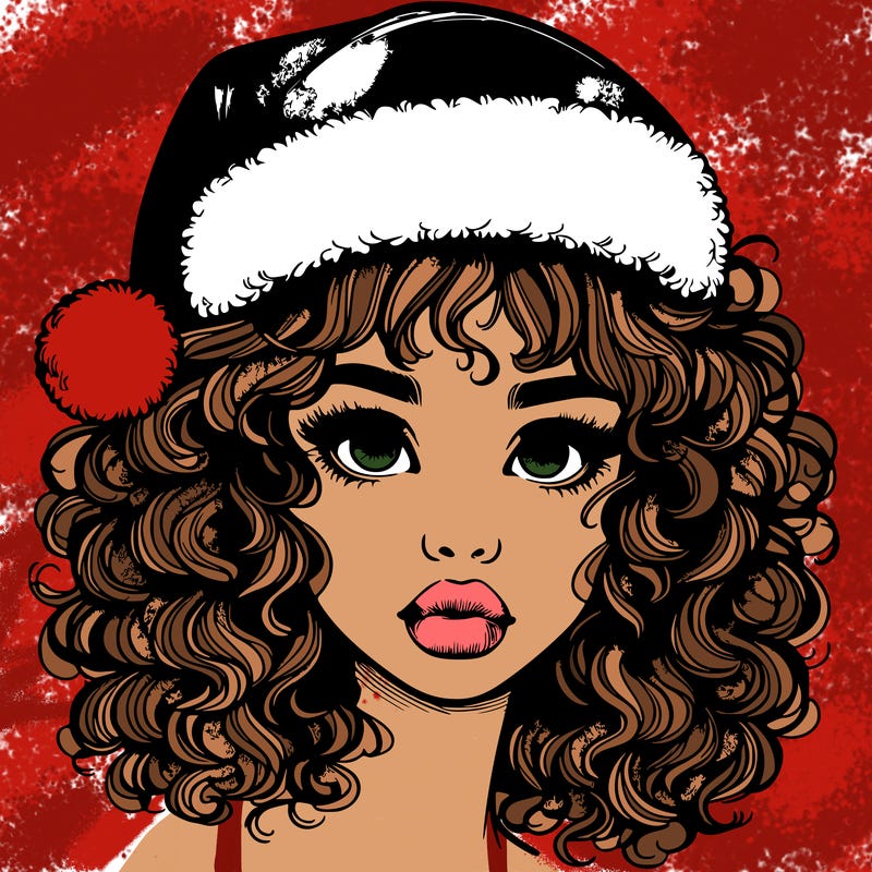 realistic girl with a santa hat curly hair and lips