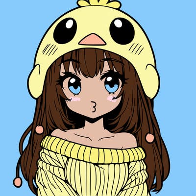 anime girl with chick shaped hat with sweater with bare shoulders with bangs covering them one eye with low tail