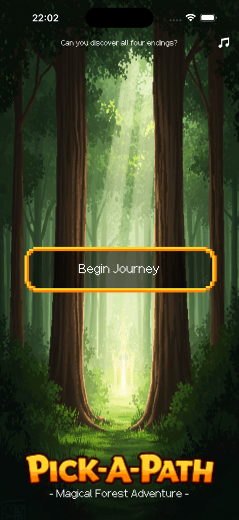 Pick-A-Path - Start screen of the Pick-A-Path Magical Forest Adventure app featuring a Begin Journey button set against a pixel art forest background.