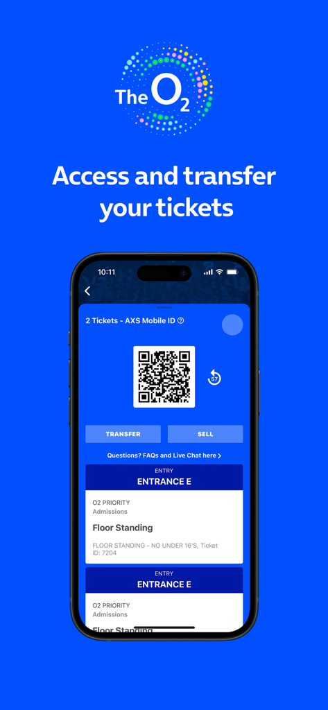 Die Benutzeroberfläche der O2 Venue App zeigt digitale Tickets mit AXS Mobile ID und Einlassdetails