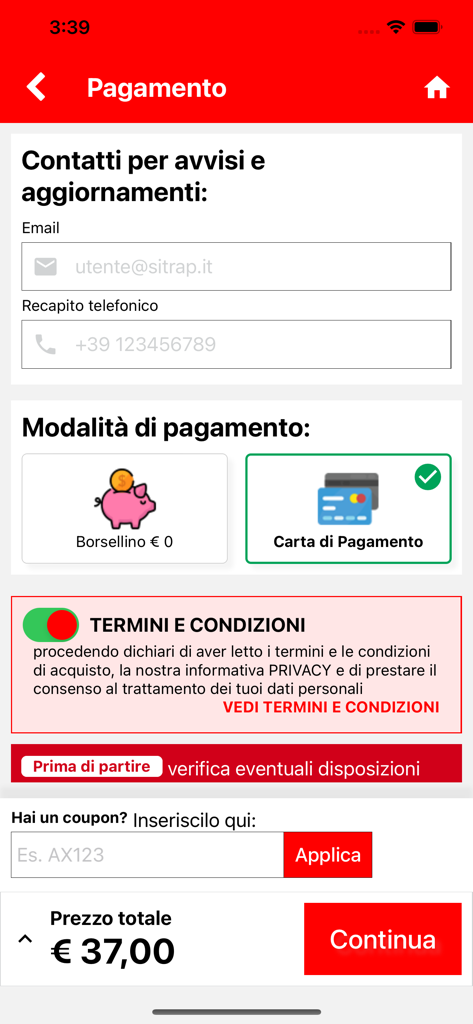 Ferrovie del Gargano - Schermata di pagamento per i biglietti dei trasporti Ferrovie del Gargano