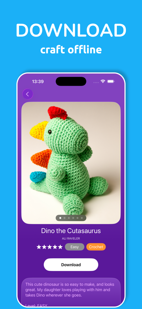 Crochet Patterns: Ravelgurumi - Ravelgurumi app screen showing a dinosaur amigurumi pattern with a download button for offline crafting