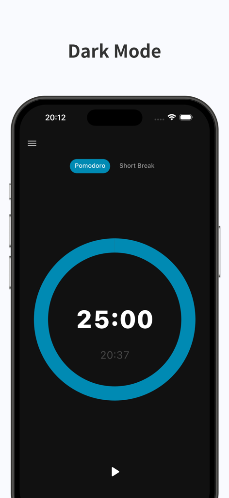 Pomodoro Timer - Focus Keeper - 25分間のセッションを示すダークモードのミニマリストポモドーロタイマーインターフェース