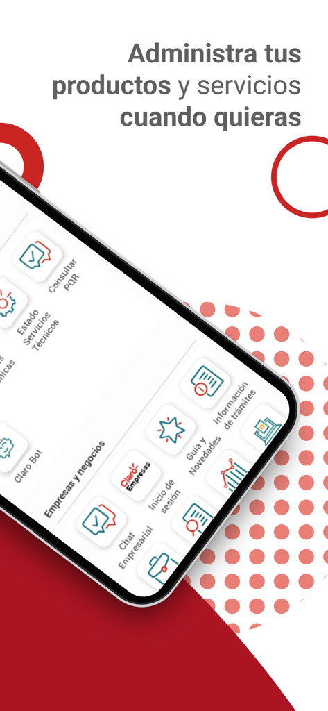 Mi Claro Colombia - Interface de l'application Mi Claro Colombie affichant les options pour gérer les produits et services