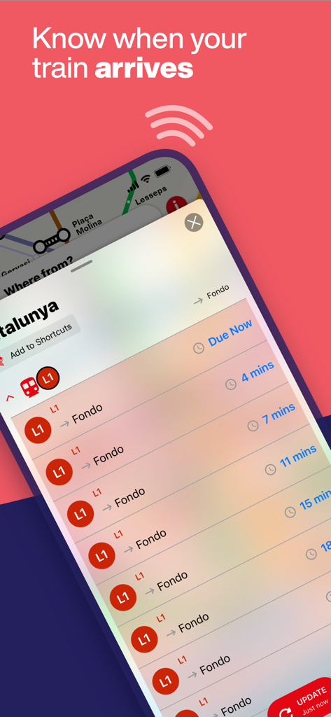 Barcelona Metro app screenshot showing real-time train arrival times for Catalunya station