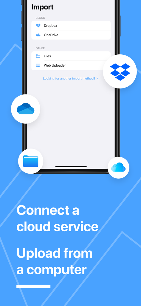 Interface of the Bound app showing options to import audiobooks from Dropbox OneDrive and local files