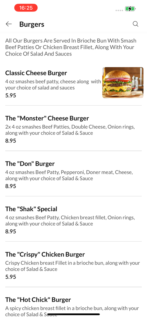 Shak Indian Takeaway - 説明と価格付きのバーガーオプションのリストを示すShak Indian Takeawayアプリのインターフェース