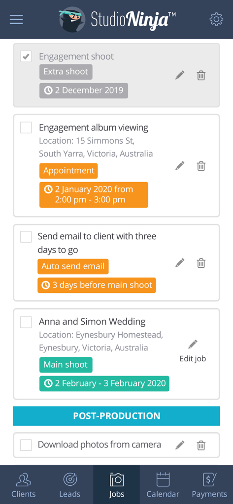 Studio Ninja mobile app interface displaying a list of photography jobs and automated tasks