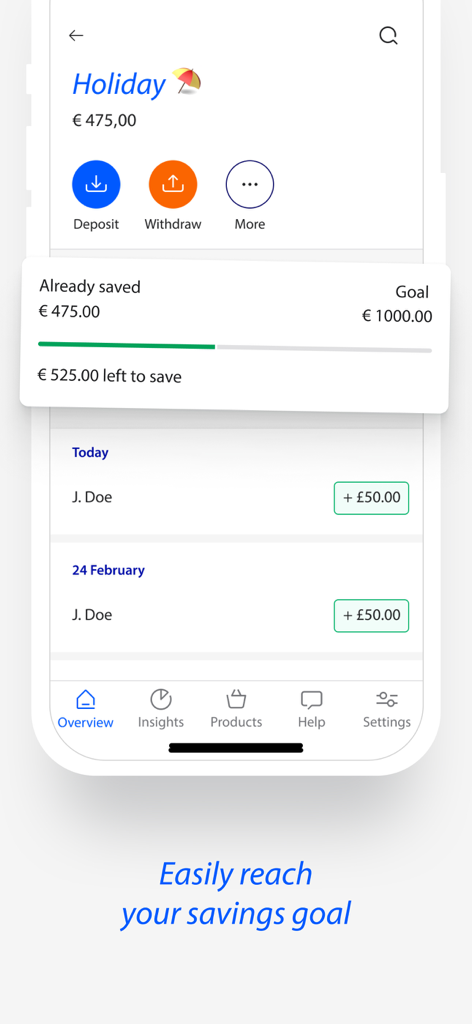 Rabobank mobile app interface showing a holiday savings goal progress tracker.